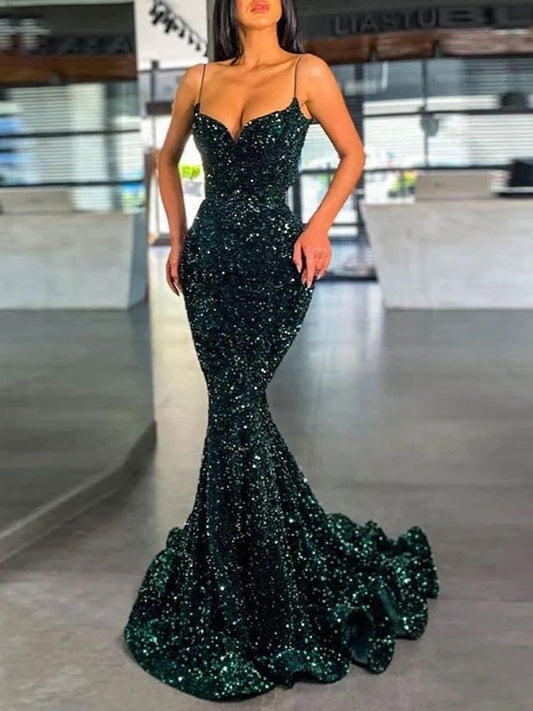 Trumpet/Mermaid Velvet Sequins Spaghetti Straps Sleeveless Sweep/Brush Train Dresses