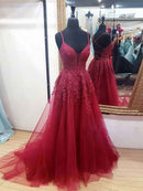 A-Line/Princess Tulle Applique V-neck Sleeveless Sweep/Brush Train Dresses