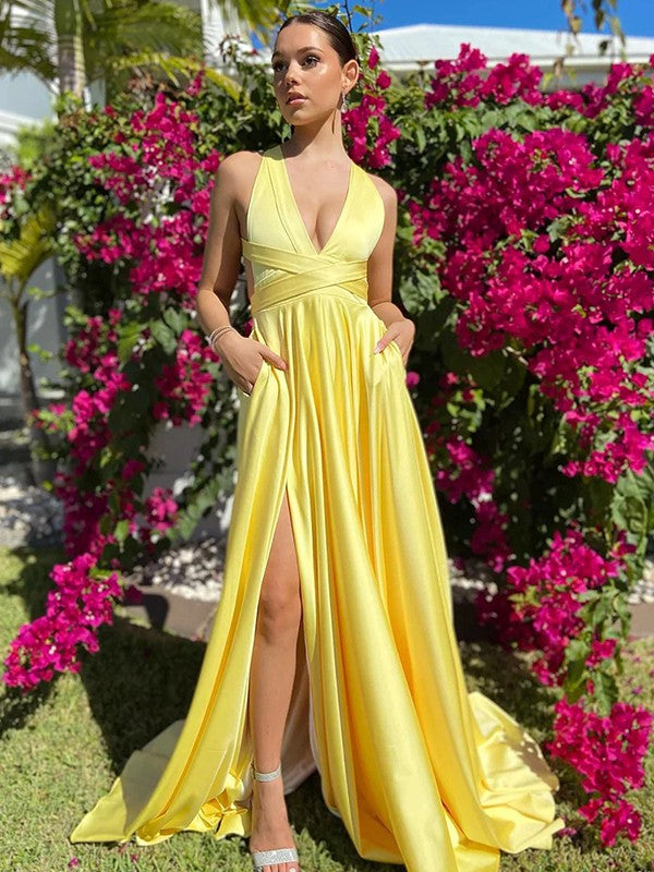 A-Line/Princess Silk like Satin Ruffles V-neck Sleeveless Sweep/Brush Train DressesA-Line/Princess Silk like Satin Ruffles V-neck Sleeveless Sweep/Brush Train Dresses