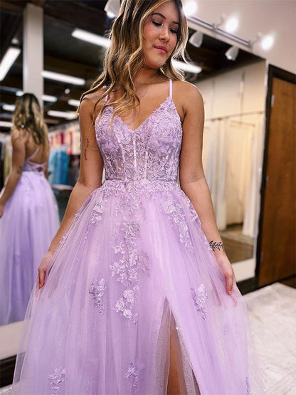 A-Line/Princess Tulle Applique V-neck Sleeveless Floor-Length Dresses