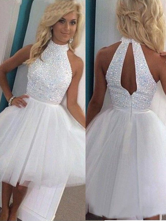 A-Line/Princess Sleeveless Halter Beading Tulle Short/Mini Dresses