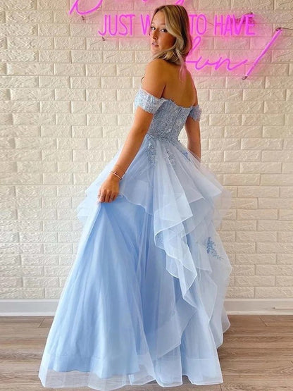 A-Line/Princess Tulle Applique Off-the-Shoulder Sleeveless Floor-Length Dresses