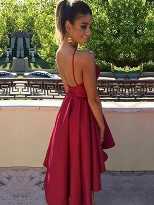 A-Line/Princess Satin Sleeveless Asymmetrical Ruched Halter Dresses/Homecoming Dresses