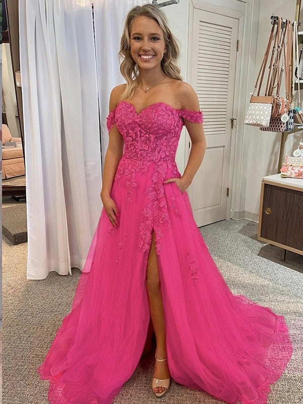 A-Line/Princess Tulle Applique Off-the-Shoulder Sleeveless Court Train Dresses