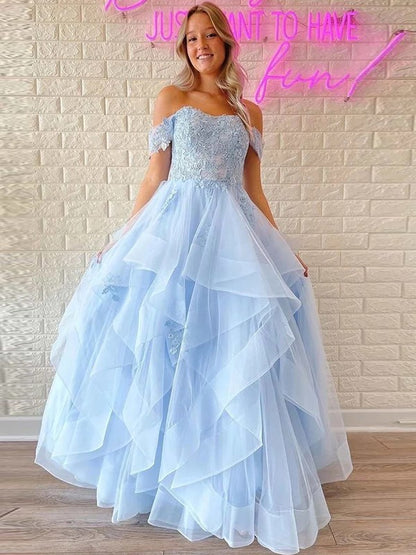 A-Line/Princess Tulle Applique Off-the-Shoulder Sleeveless Floor-Length Dresses