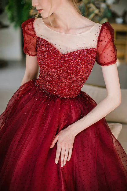 Burgundy Tulle Long Prom Dress with Sequins A-Line Formal Evening Dress