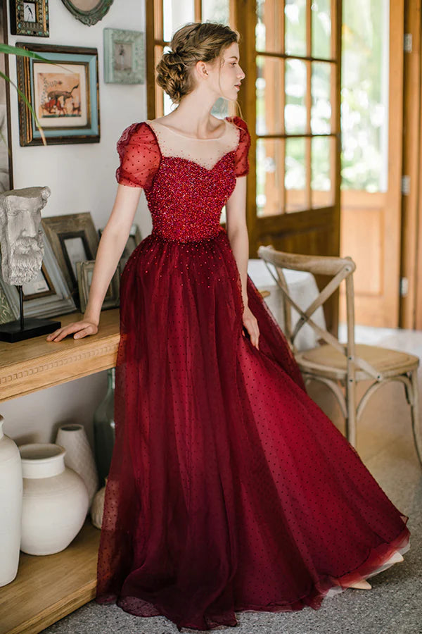 Burgundy Tulle Long Prom Dress with Sequins A-Line Formal Evening Dress