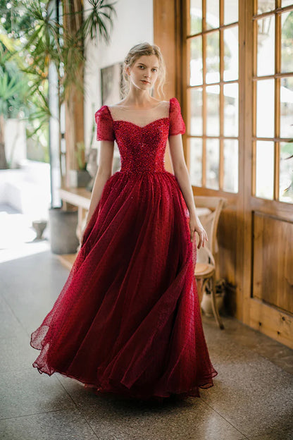 Burgundy Tulle Long Prom Dress with Sequins A-Line Formal Evening Dress