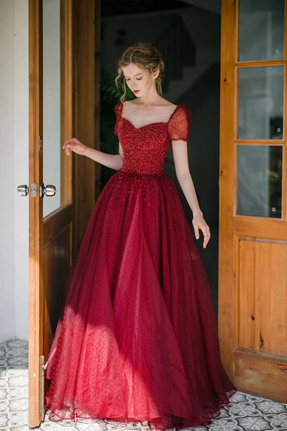 Burgundy Tulle Long Prom Dress with Sequins A-Line Formal Evening Dress