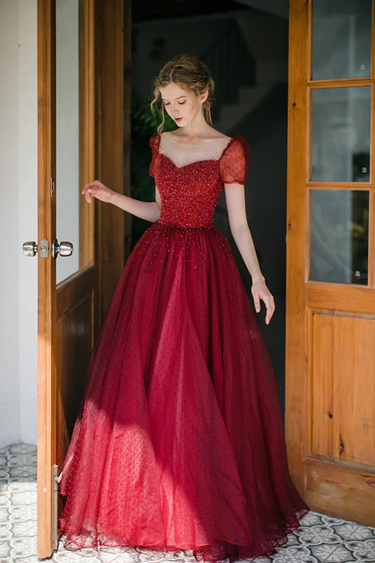 Burgundy Tulle Long Prom Dress with Sequins A-Line Formal Evening Dress