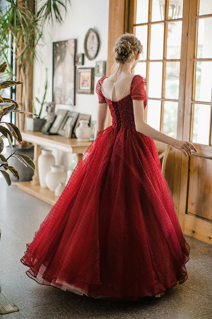 Burgundy Tulle Long Prom Dress with Sequins A-Line Formal Evening Dress