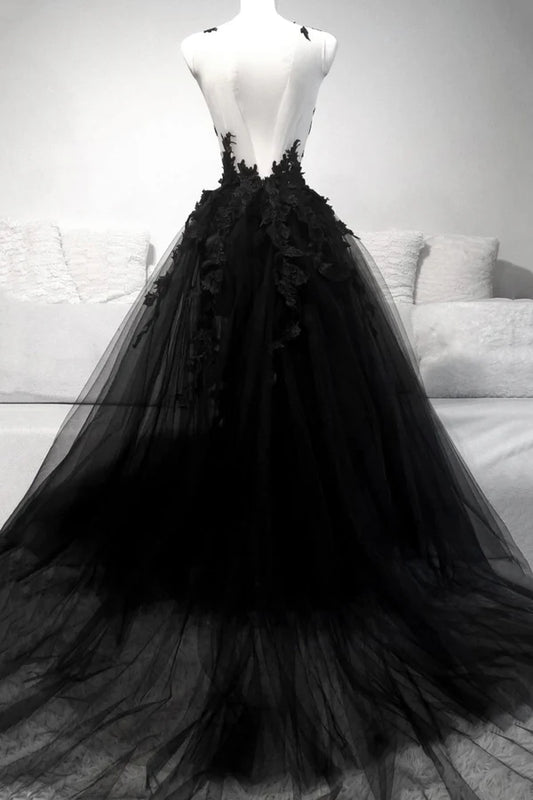 Black Tulle Lace Long A-Line Prom Dress Black V-Neck Evening Dress