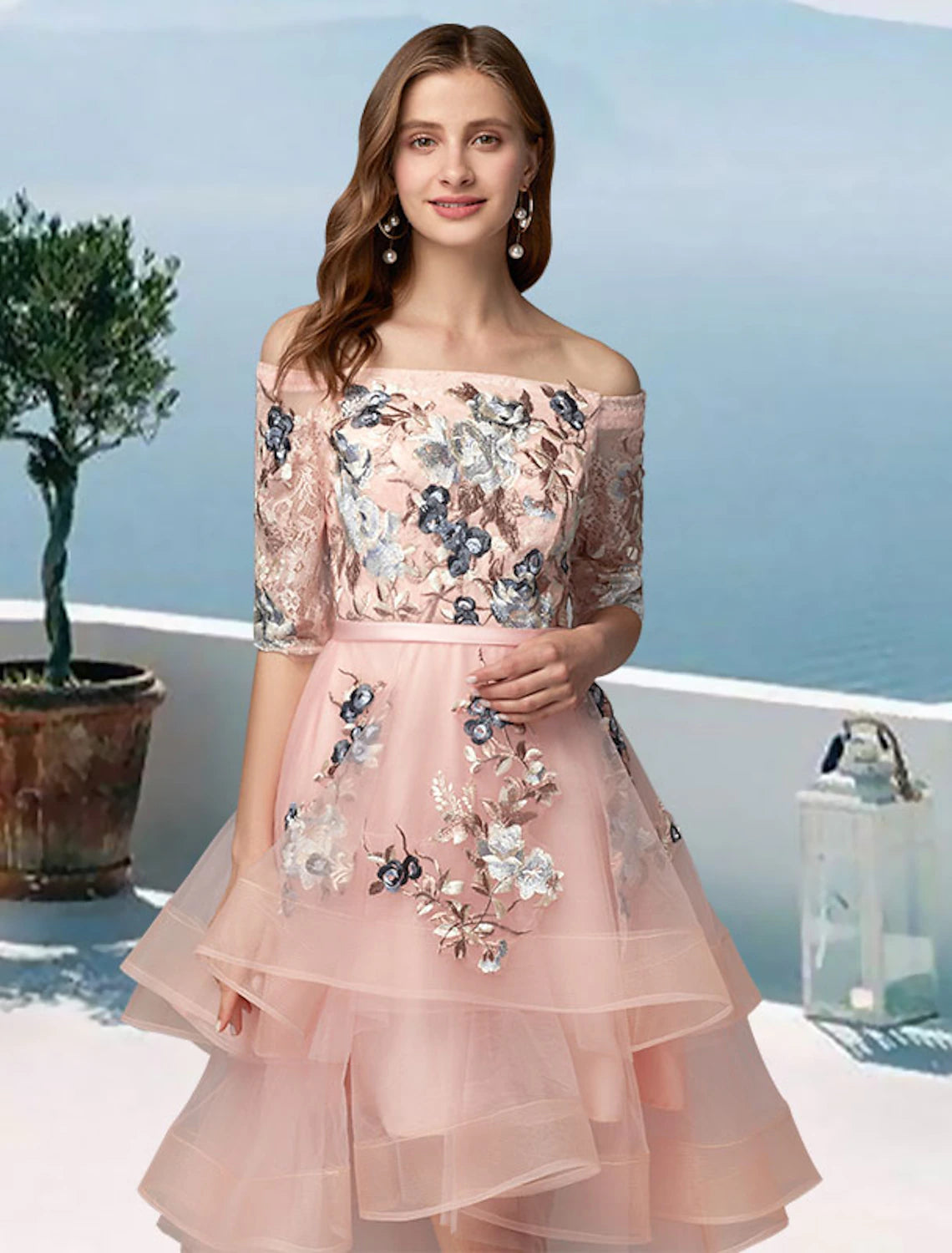 A-Line Prom Dresses Floral Dress Evening Party Wedding Party Asymmetrical Half Sleeve Off Shoulder Satin with Embroidery Appliques