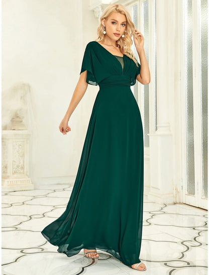 A-Line Elegant Formal Evening Dress V Neck Short Sleeve Floor Length Chiffon with Draping