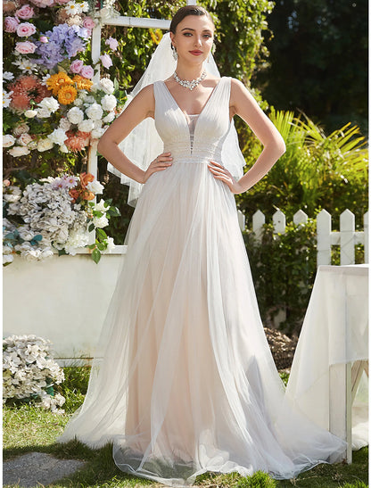 Reception Casual Wedding Dresses A-Line V Neck Sleeveless Sweep / Brush Train Tulle Bridal Gowns With Lace Embroidery