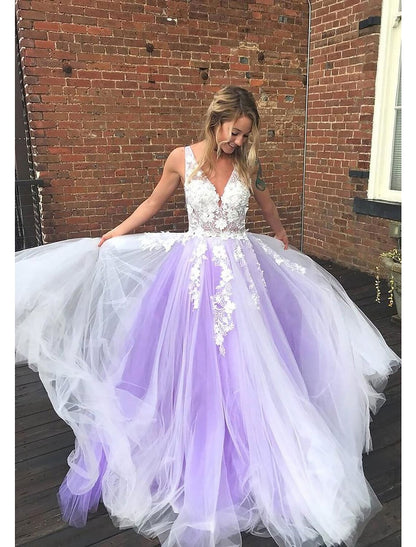 Ball Gown A-Line Prom Dresses Color Block Dress Formal Prom Floor Length Sleeveless V Neck Tulle Backless V Back with Beading Appliques