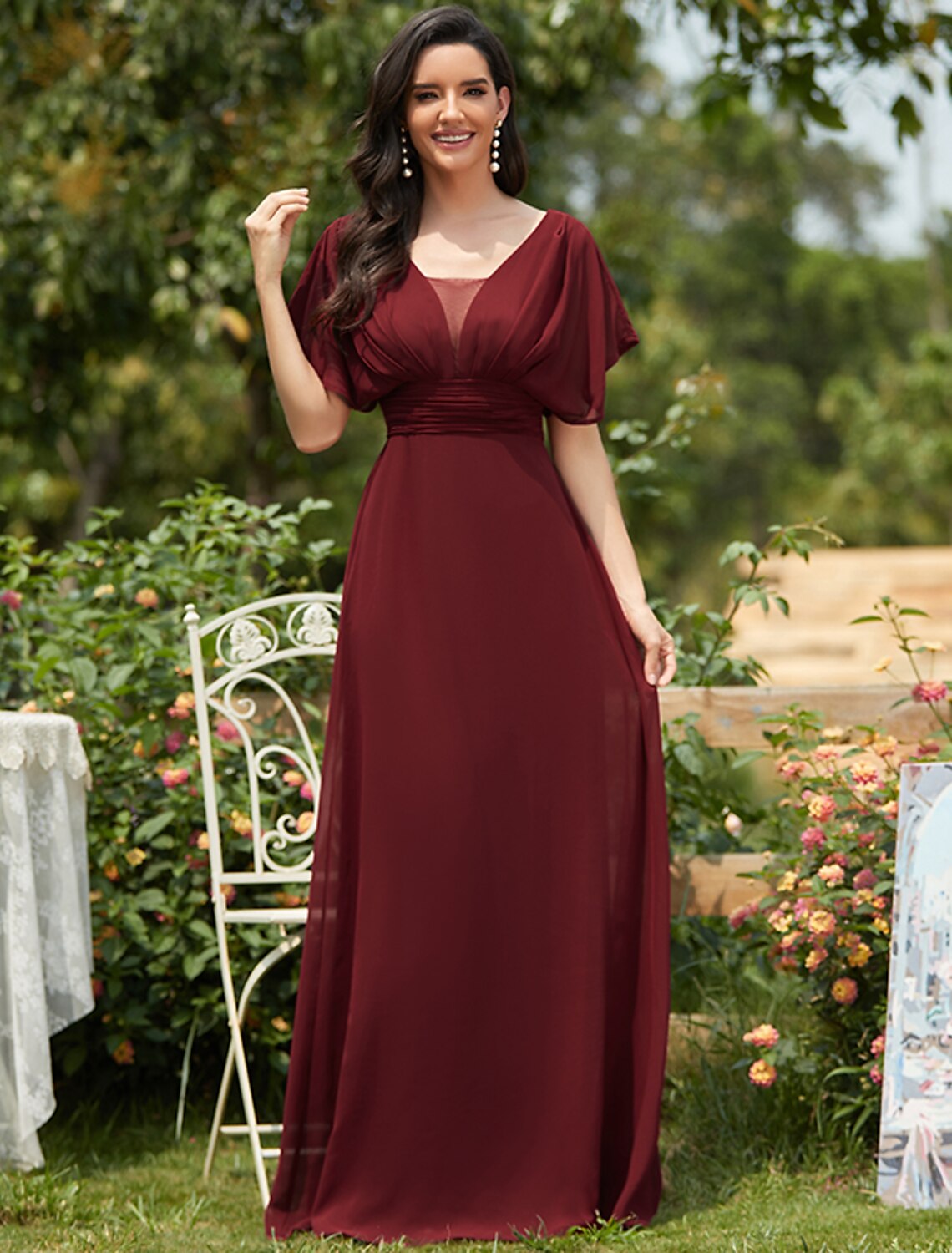 A-Line Elegant Formal Evening Dress V Neck Short Sleeve Floor Length Chiffon with Draping