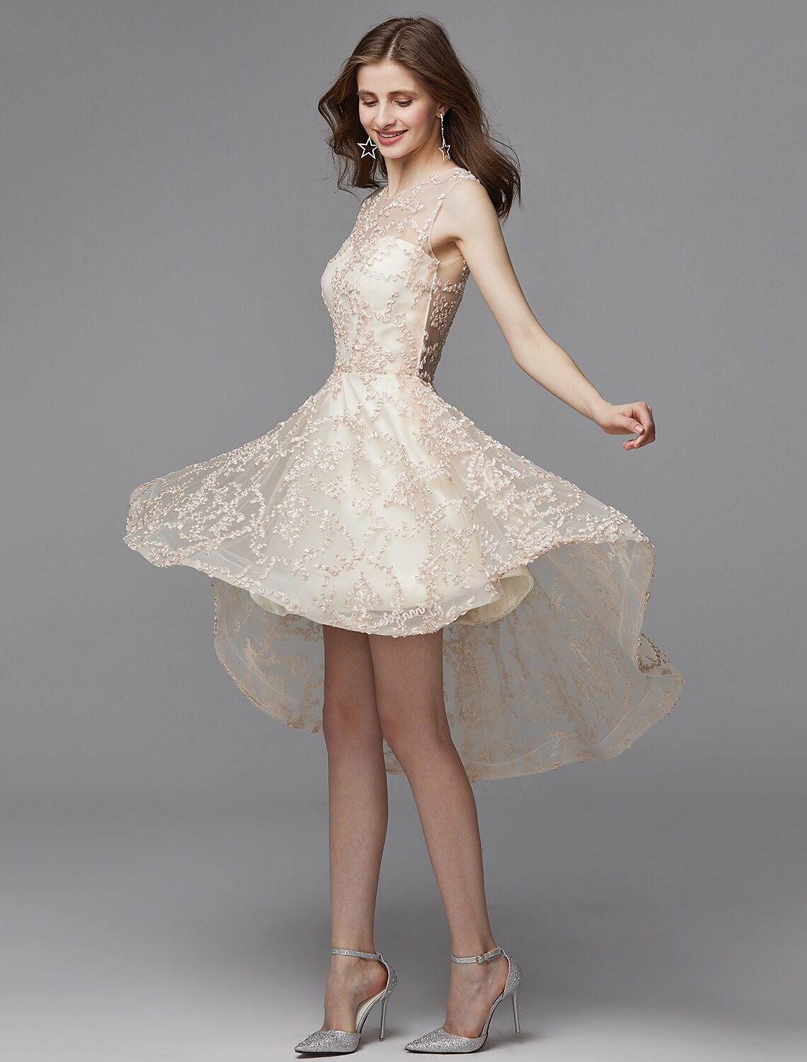 A-Line Hot Dress Wedding Guest Cocktail Party Asymmetrical Sleeveless Illusion Neck Tulle with Appliques