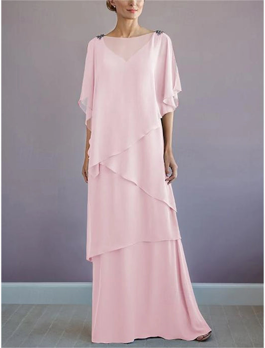 Buyishang A-Line Mother of the Bride Dress Formal Wedding Guest Elegant Bateau Neck Floor Length Chiffon Half Sleeve with Ruffles Draping Tier