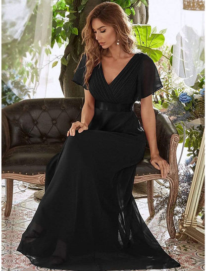 A-Line Evening Gown Party Dress Empire Dress Wedding Guest Formal Evening Floor Length Short Sleeve V Neck Bridesmaid Dress Chiffon V Back with Ruffles Pure Color