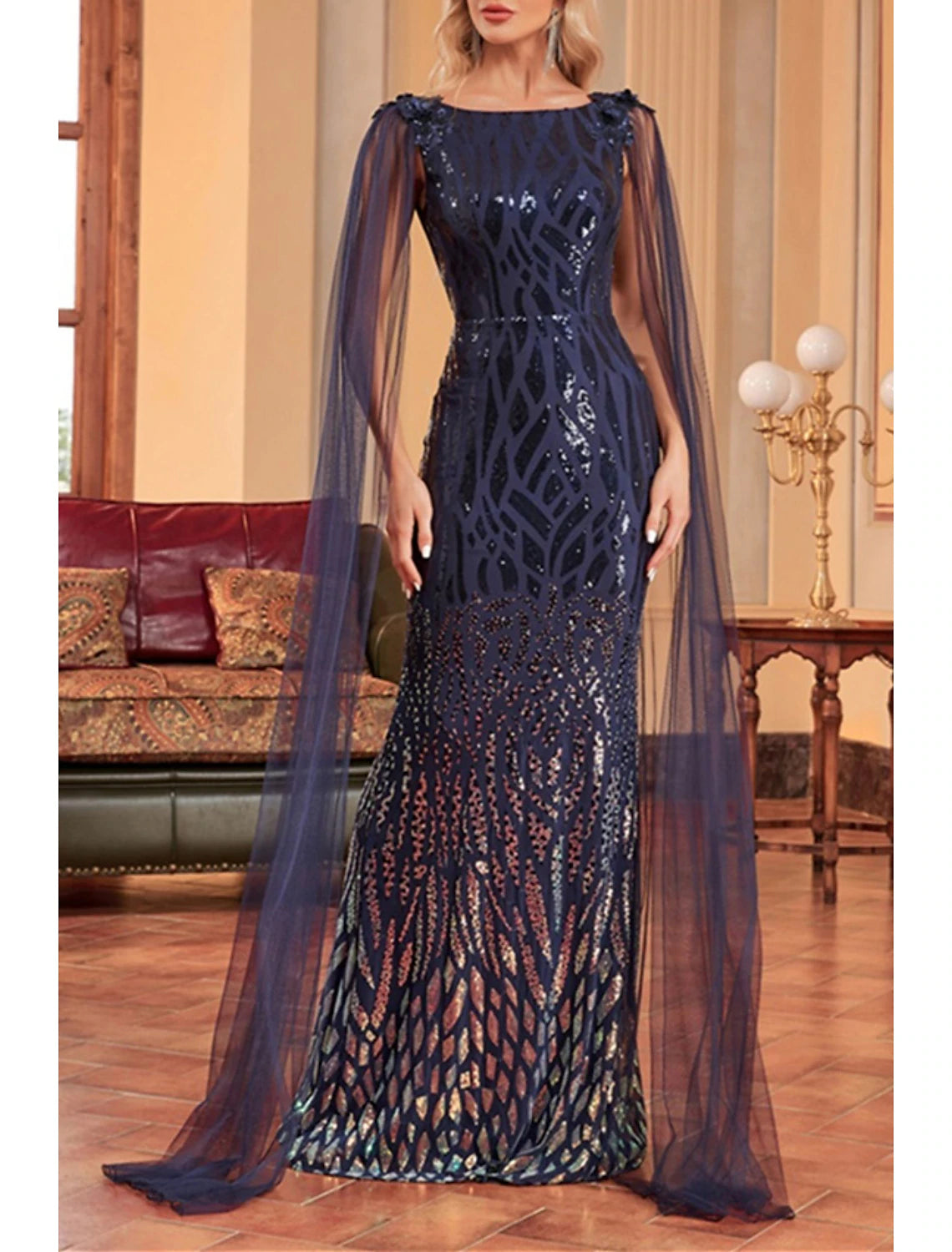 Mermaid / Trumpet Mother of the Bride Dress Wedding Guest Party Sparkle & Shine Bateau Neck Floor Length Tulle Sequined Sleeveless with Sequin Draping