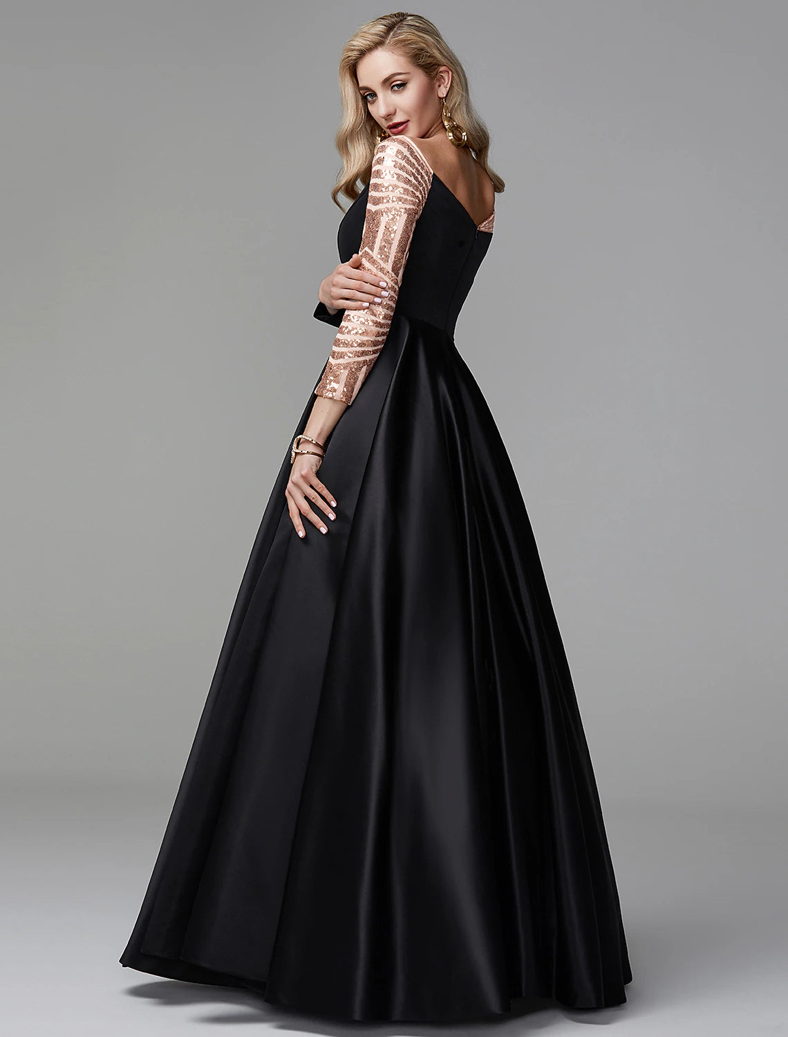 Ball Gown Black Dress Vintage Quinceanera Formal Evening Floor Length Long Sleeve Off Shoulder Satin with Sequin