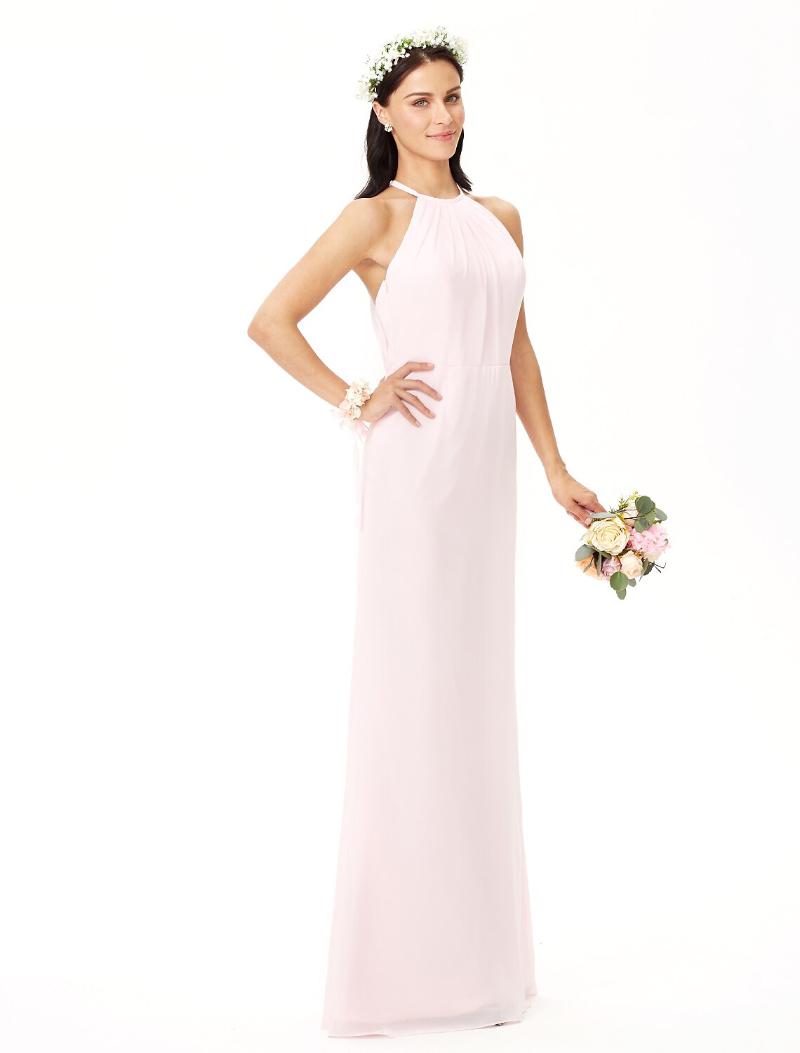 Sheath / Column Bridesmaid Dress Jewel Neck Sleeveless Elegant Floor Length Chiffon with Pleats