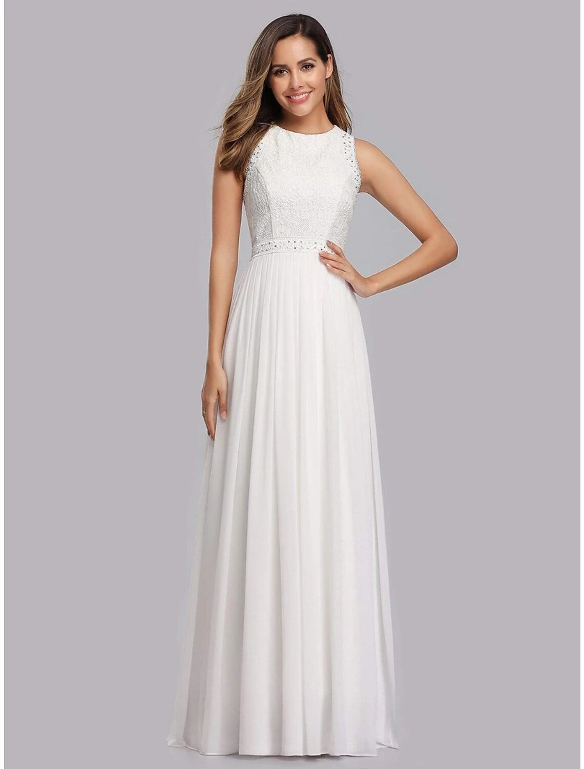 A-Line Prom Dresses Maxi Dress Wedding Guest Prom Floor Length Sleeveless Jewel Neck Bridesmaid Dress Chiffon with Pleats Lace Insert