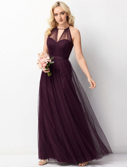 A-Line Bridesmaid Dress Halter Neck Sleeveless Elegant Floor Length Chiffon / Tulle with