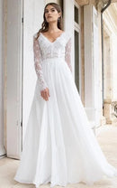 Buyishang Romantic Modern A Line Floor-length Chiffon Lace V-neck Long Sleeve Wedding Dress