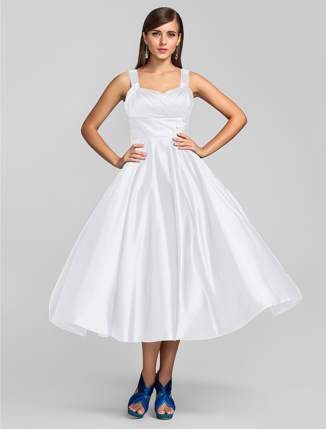 A-Line Minimalist Dress Wedding Guest Cocktail Party Tea Length Sleeveless Square Neck Stretch Satin with Criss Cross