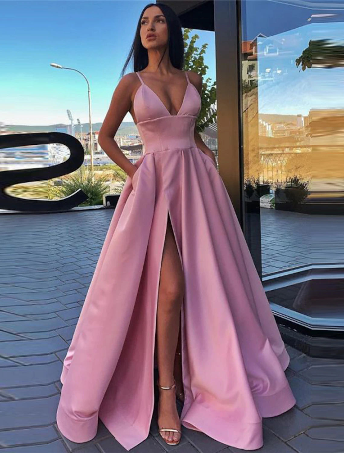 A-Line Black Dress Prom Dress High Split Evening Dress Formal Birthday Summer Dress Spaghetti Strap Sleeveless Sweep / Brush Train Satin with Pleats Split Front