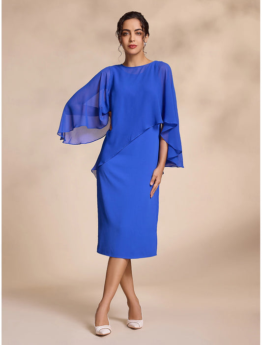 Buyishang Blue Chiffon Causal Round Sleeve 2 Piece Midi Mother of the Bride Dress dress to impress