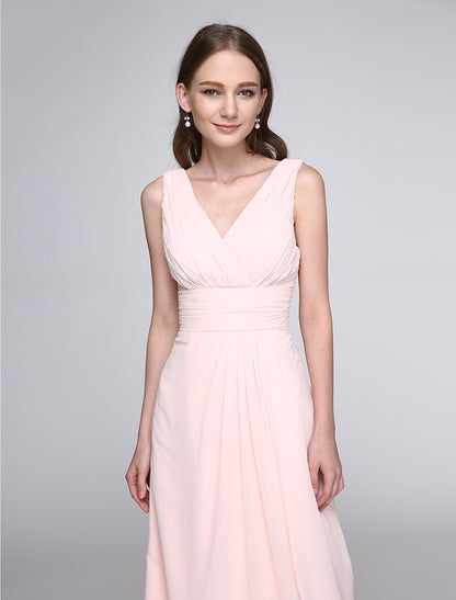 Sheath / Column Bridesmaid Dress V Neck Sleeveless Elegant Floor Length Chiffon with Criss Cross / Ruched