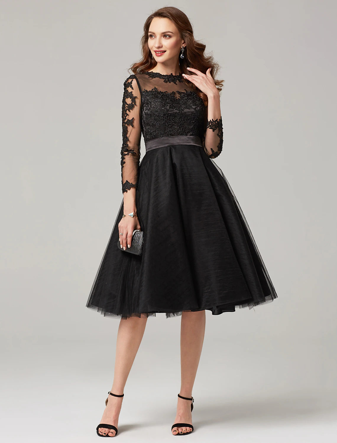 A-Line Elegant Dress Wedding Guest Prom Knee Length 3/4 Length Sleeve Illusion Neck Tulle Over Lace with Appliques