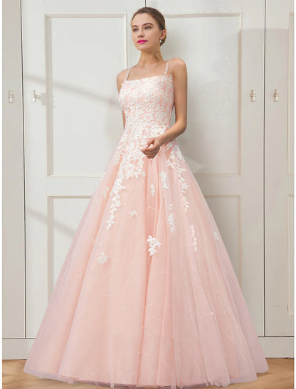 Ball Gown Prom Dresses Floral Dress Masquerade Prom Floor Length Sleeveless Spaghetti Strap Tulle Crisscross Back with Embroidery