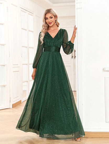 A-Line Evening Gown Sparkle & Shine Dress Formal Wedding Party Dress Floor Length Long Sleeve V Neck Chiffon with Sequin