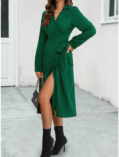 Women's Party Dress Cocktail Dress Wedding Guest Dress Mini Dress Navy Blue Dark Green Long Sleeve Plain Split Summer Spring Fall V Neck Elegant Wedding Guest Vacation Spring Dress