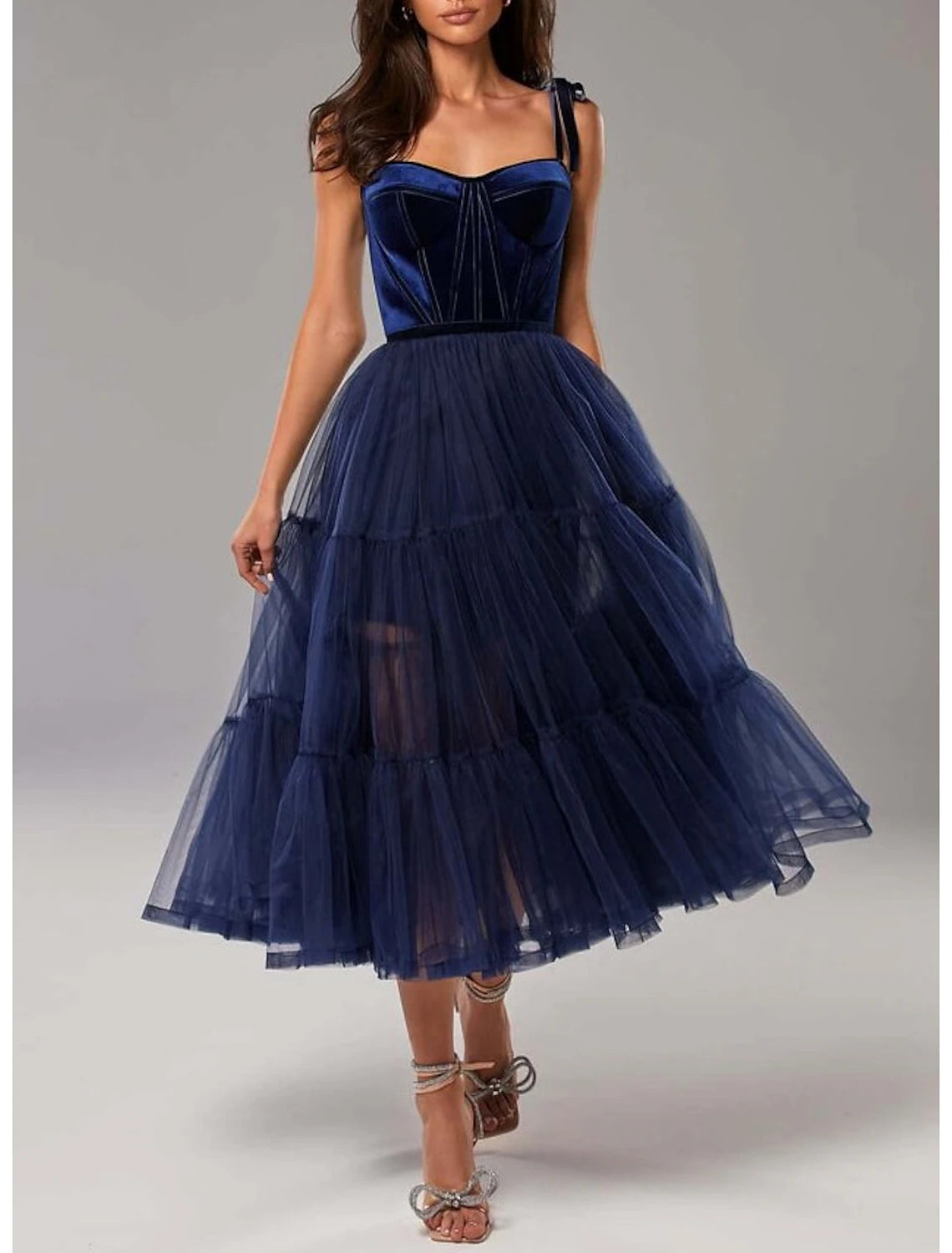 A-Line Prom Dresses Elegant Dress Wedding Guest Prom Tea Length Sleeveless Strapless Tulle with Pleats Pure Color