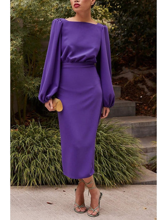 Sheath / Column Cocktail Dresses Elegant Dress Party Wear Wedding Guest Tea Length Long Sleeve Boat Neck Fall Wedding Guest Stretch Chiffon with Pure Color