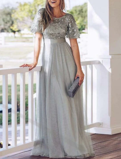 A-Line Empire Party Wear Prom Dress Jewel Neck Short Sleeve Floor Length Tulle with Appliques