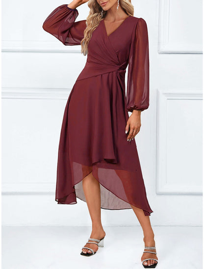 Women's Party Dress Cocktail Dress Wedding Guest Dress Midi Dress Wine Long Sleeve Plain Ruffle Spring Fall Winter V Neck Elegant Wedding Guest Spring Dress