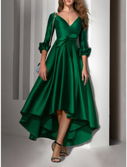 A-Line Cocktail Dresses Party Dress Wedding Guest Birthday Asymmetrical 3/4 Length Sleeve V Neck Satin with Bow(s) Pleats