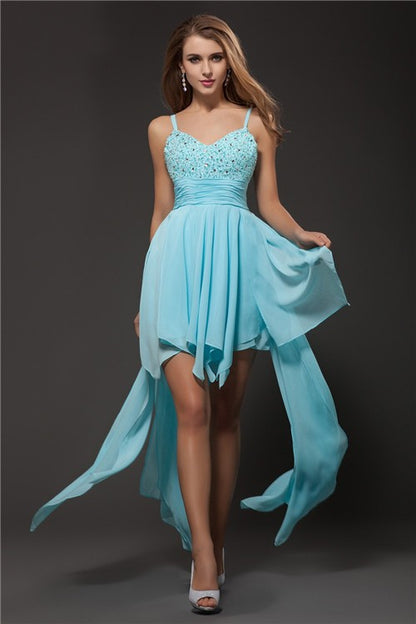 A-Line/Princess Spaghetti Straps Sleeveless Rhinestone Chiffon Cocktail Dresses