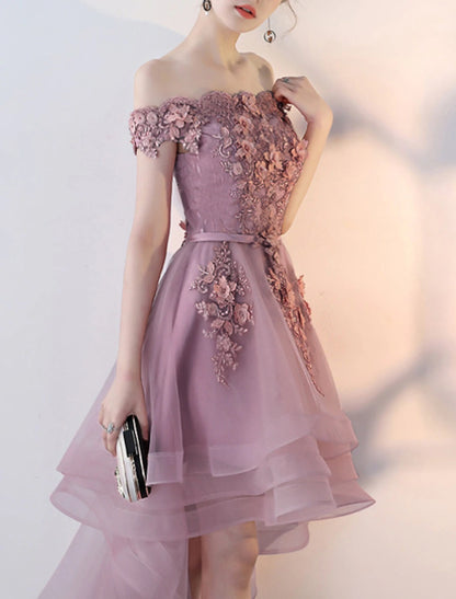 A-Line Prom Party Dress Floral Dress Wedding Guest Prom Asymmetrical Short Sleeve Off Shoulder Tulle with Appliques