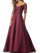 A-Line Mother of the Bride Dress Sexy V Neck Floor Length Satin Half Sleeve with Sash / Ribbon Beading