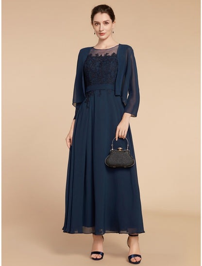 A-Line Mother of the Bride Dress Wedding Guest Elegant Jewel Neck Ankle Length Chiffon Lace Long Sleeve with Ruching Solid Color