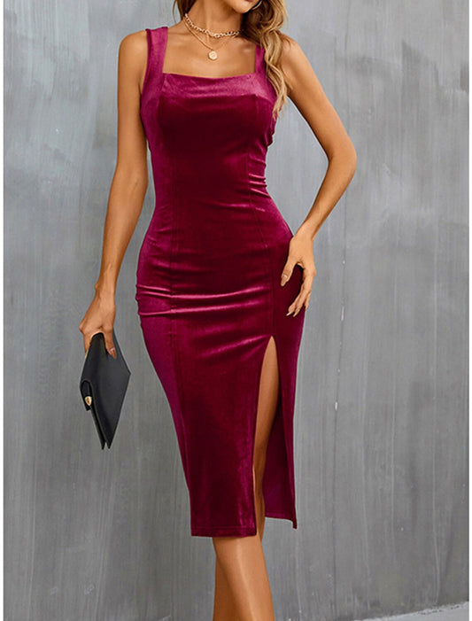 Women's Party Dress Black Velvet Dress Cocktail Dress Midi Dress Wine Red Army Green Sleeveless Pure Color Split Spring Fall Winter