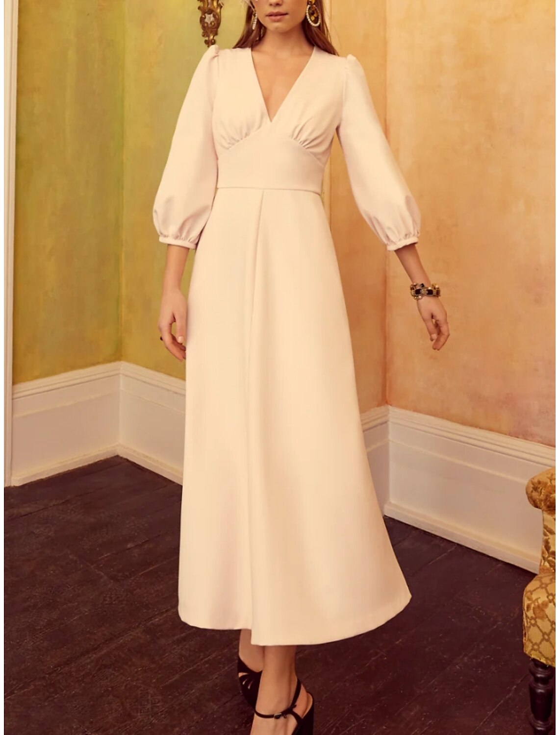 A-Line Mother of the Bride Dress Wedding Guest Elegant Sweet V Neck Ankle Length Satin 3/4 Length Sleeve with Ruching Solid Color