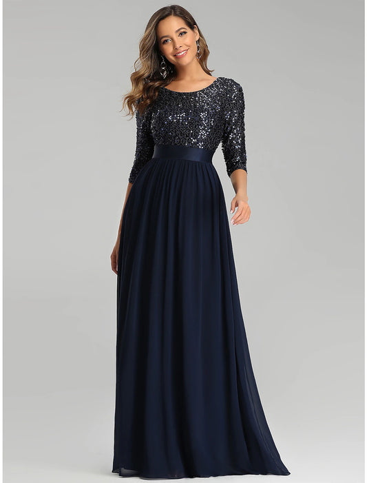 A-Line Elegant Wedding Guest Formal Evening Dress Jewel Neck 3/4 Length Sleeve Floor Length Tulle with Sequin